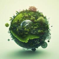 a green mini planet earth, Illustration of planet Earth with a giant tree. Energy saving, ecology and environment sustainable resources conservation concept. photo