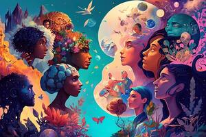 a multiverse of speech, a fantasy world where everyone can talk, with a lot of poetry, colorful, diverse avatars interacting with each other. photo