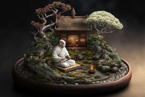 Miniature desk zen sandbox with Monk figure sit in Lotus position, stacked zen sea stones, brown elephant figurines, spa candles burning against dark studio background, copy space. photo