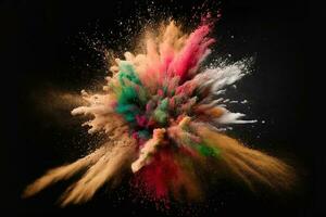 Abstract multicolored powder explosion on Black background.Colorful dust explode. Painted Holiday powder festival. Freeze motion of color powder exploding,throwing color powder on background. photo