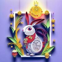 Paper cut quilling multidimensional chinese style cute zodiac rabbit with lanterns, blossom peach flower in background, chinese new year. Lunar new year 2023 concept photo