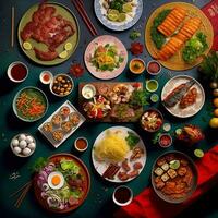 parte superior ver de mesa cena vietnamita. knolling fotografía de familia cena nuevo año , vibrante. vietnamita tradicional comida en país lado. plano poner. foto