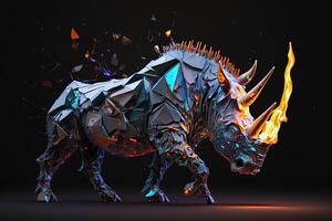 fusion of metal Rhino exploding through fire surrounded by scattered glass shards and debris, cosmic energy photo