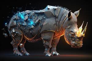 fusion of metal Rhino exploding through fire surrounded by scattered glass shards and debris, cosmic energy photo