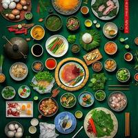 parte superior ver de mesa cena vietnamita. knolling fotografía de familia cena nuevo año , vibrante. vietnamita tradicional comida en país lado. plano poner. foto