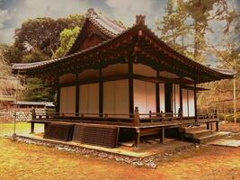 de cerca antiguo y antiguo pequeño japonés casa en sepia marrón foto