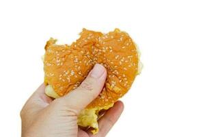 Closeup hand of human holding eaten fish burger with cheese isolate on white background. photo