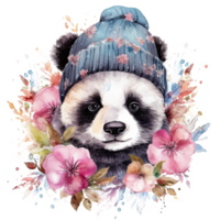 Watercolor panda in hat with flowers. Illustration png