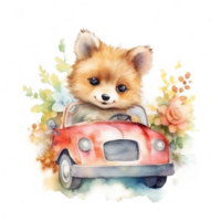 Cute watercolor baby animal in car. Illustration png