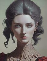 A woman in fantasy form. Realistic painting. Painting for the interior. Beautiful girl. Heroine in retro style. photo