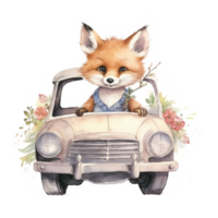 fofa aguarela bebê animal dentro carro. ilustração ai generativo png