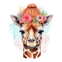 Cute giraffe in hat with flower. Watercolor. Illustration png