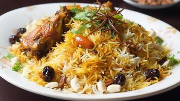 A plate of biryani with a bunch of food on it, photo