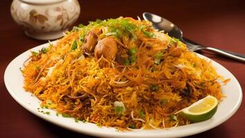 A plate of biryani with a bunch of food on it, photo