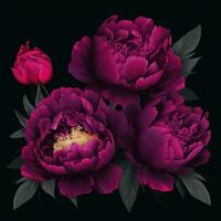 Modern peony illustration with bright pink flowers on a dark background. AI-generated image photo