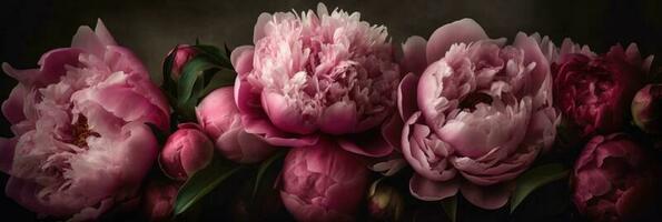 A peony banner with cascading shades of pink flowers in a romantic and ethereal style. AI-generated image photo