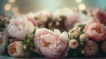 A delicate and feminine peony banner with soft pink and white blooms arranged in a circular pattern. photo