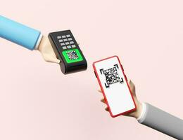 hand holding mobile phone,smartphone with payment machine,pos terminal,electronic bill,qr code scanner isolated on pink background.cashless payment ,online shopping concept,3d illustration,3d render photo