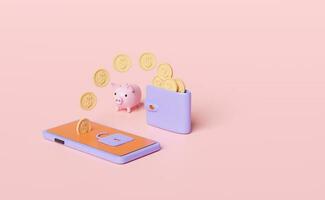 mobile phone,smartphone with wallet,dollar coin,unlock,piggy bank isolated on pink background.Internet security,privacy protection,ransomware protect concept,3d illustration,3d render photo