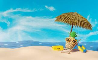 beach chair with umbrella,palm tree,lifebuoy,seaside,pineapple, sunglasses,suitcase isolated on blue sky background.summer travel concept,3d illustration or 3d render photo