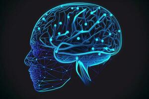 Low poly brain or Artificial intelligence concept. Symbol of Wisdom point. Abstract vector image of a human Brine. Low Polygonal wireframe blue illustration on dark background AI Generated photo