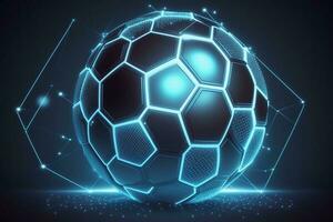 brillante azul fútbol pelota en el meta. bajo polígono, partícula, y triángulo estilo diseño.estructura alámbrica ligero conexión estructura.objetivo ajuste concepto ai generado foto