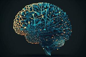Low poly brain or Artificial intelligence concept. Symbol of Wisdom point. Abstract vector image of a human Brine. Low Polygonal wireframe blue illustration on dark background AI Generated photo