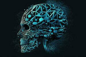 Low poly brain or Artificial intelligence concept. Symbol of Wisdom point. Abstract vector image of a human Brine. Low Polygonal wireframe blue illustration on dark background AI Generated photo