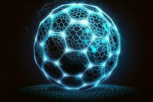 glowing blue Soccer ball in the goal. Low polygon, particle, and triangle style design.Wireframe light connection structure.Goal setting concept AI Generated photo