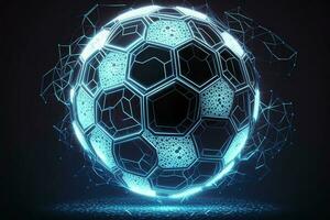 glowing blue Soccer ball in the goal. Low polygon, particle, and triangle style design.Wireframe light connection structure.Goal setting concept AI Generated photo