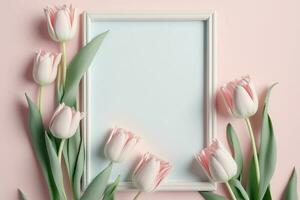 pink tulip and white frame on pastel background. Flat lay ,top view,Happy women's day concept AI Generated photo