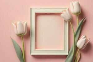 rosado tulipán y blanco marco en pastel antecedentes. plano laico ,arriba ver,feliz De las mujeres día concepto ai generado foto