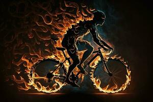 deporte. ardiente bicicleta en siluetas en negro fondo.fuego y energía ai generado foto