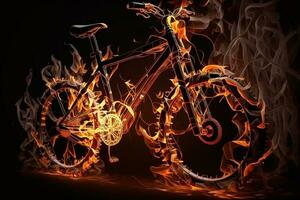 Sport. Burning Bicycle in silhouettes on balck background.Fire and energy AI Generated photo
