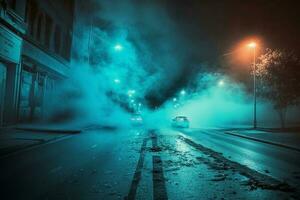 Asphalt blue dark street with smoke. Empty dark scene with neon light.Rays, spotlights light AI Generated photo