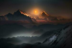 ver de el Himalaya puesta de sol noche ,monte Everest visible mediante el niebla ai generado foto