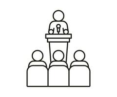Lector man speech behind podium on conference with audience spectator, line icon. Speaker on tribune by leader, businessman, teacher talking before of people spectators back. Vector