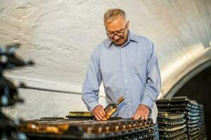 Portrait of senior man who owns winery. He is examining quality in his wine cellar. Industry wine making concept. photo