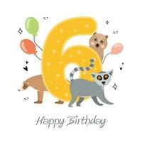 Vector illustration happy birthday card with number six, kvokka animal, lemur, anteater, balloons, hearts, doodle. Greeting card with the inscription happy birthday, six.