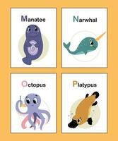 Cute animal alphabet from M to P. Educational vector illustration in bright colors. Manatee, Narwhal, Octopus, Platypus. Colorful hand drawn cartoon animal alphabet cards isolated on yellow.