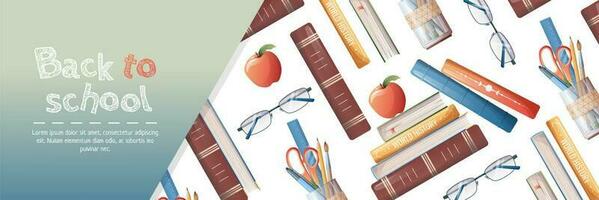 Horizontal banner back to school with school subjects and elements. Education, knowledge, learning. Background with stack of books and stationery,glasses vector