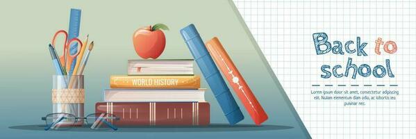 Horizontal banner back to school with school subjects and elements. Education, knowledge, learning. Background with stack of books and stationery,glasses. vector