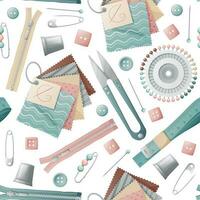 Seamless background with seamstress tools. Texture with scissors, pins, threads. Hobie, needlework, sewing workshop.Great for textiles, wallpaper, paper, prints vector