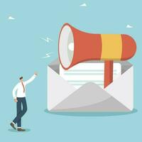 Email newsletter, discounts and promo codes for subscription or targeting, online survey about the quality of a product or service, e-voting, a man pointing at a large loudspeaker in an envelope. vector