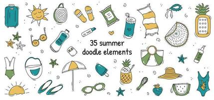 Doodle set of cute vector summer elements bikini, luggage, slates, beach towel, water, umbrella, bag, ice cream. Stickers for daily planner. Summertime travel doodle icons pack