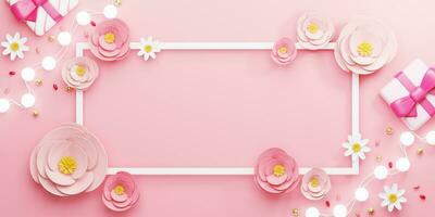 3d Rendering. Design for Mother's Day and Valentine Day illustration. rectangle frame and pink rose flower on pink background. With Copy space. photo