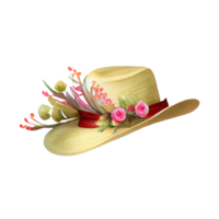 watercolor style cartoon wearing flower hat . png