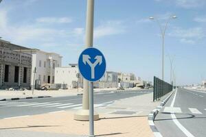 Turn left and right,road sign,traffic sign in blue and white colour photo