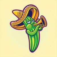 Cinco de mayo cactus playing trumpet wearing mexican hat illustrations vector