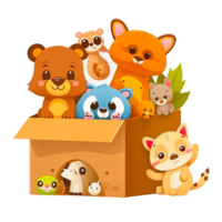 Big pile of animal dolls inside a box isolated on a transparent background png